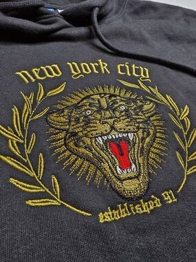 Divided H&M Black Hoodie with Gold Embroidered Tiger and Red Accent Large